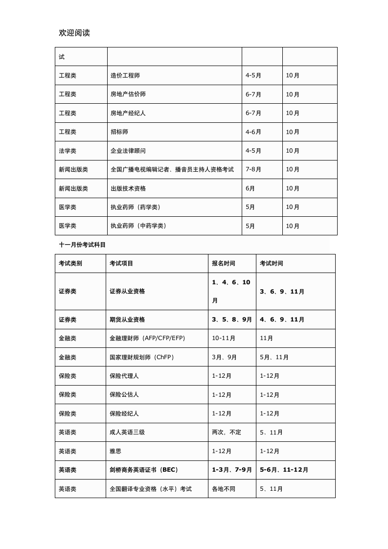 每年各种职业资格考试报名时间及考试时间表格模板94921360第8页