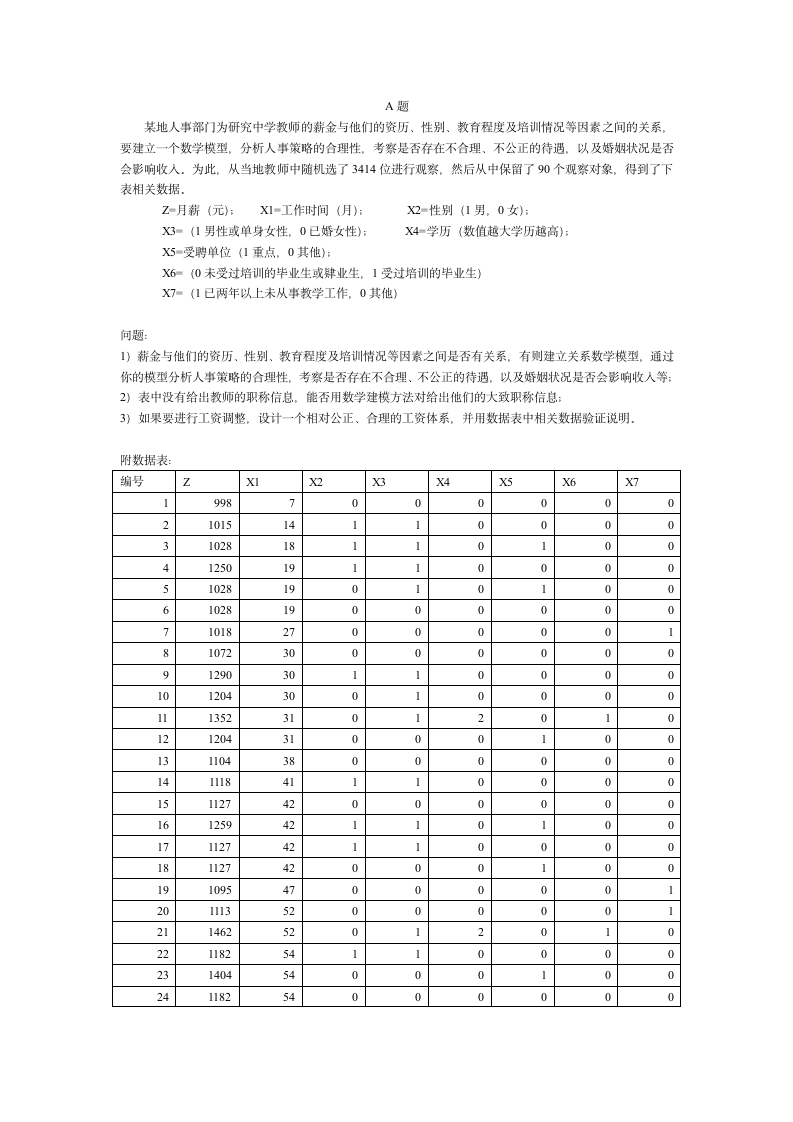 吉首大学 数学建模试题A第1页