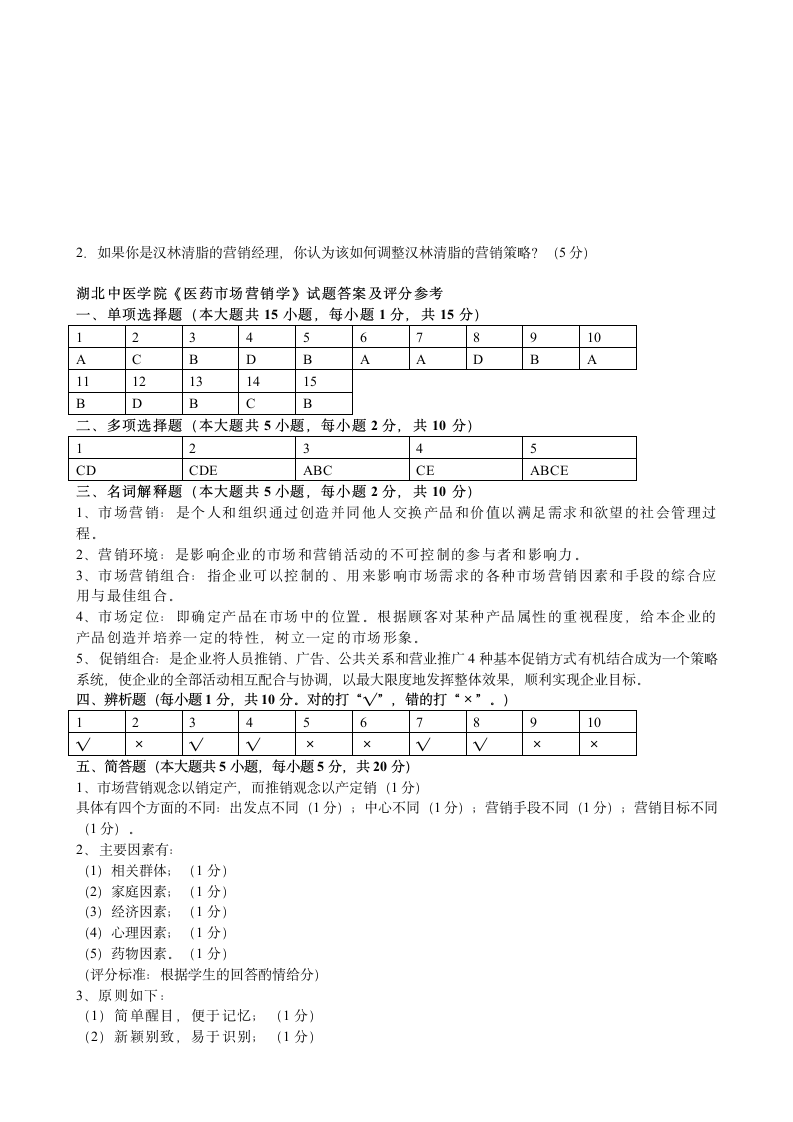 湖北中医学院《医药市场营销学》试卷及答案第7页