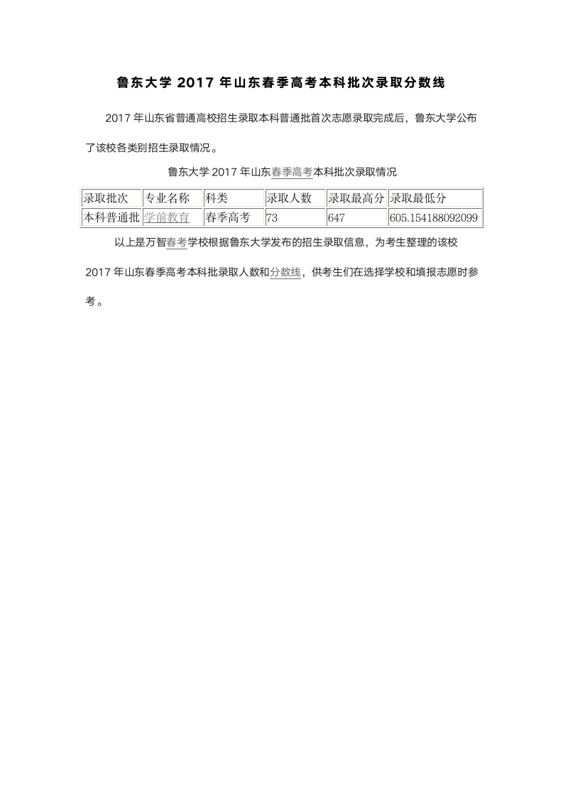 鲁东大学2017年山东春季高考本科批次录取分数线第1页