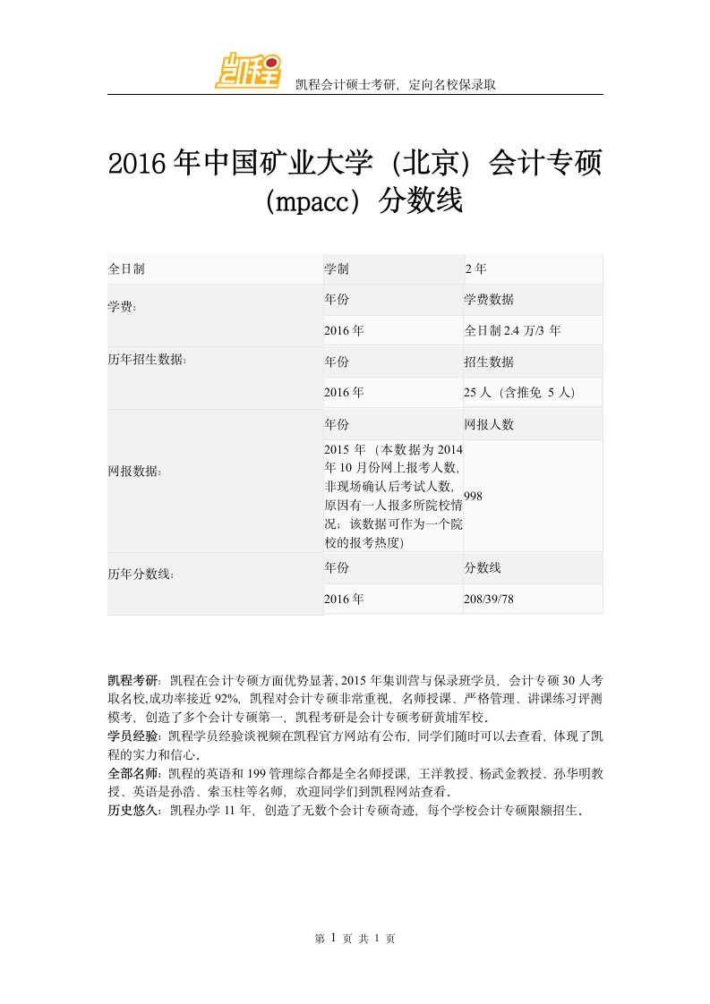 2016年中国矿业大学(北京)会计专硕(mpacc)分数线第1页