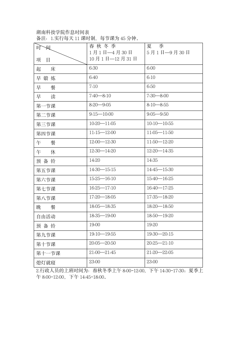 湖南科技学院作息时间表第1页