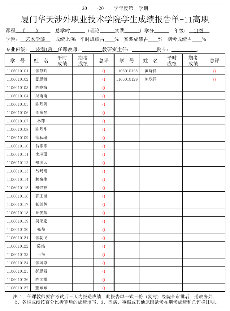 11艺术学院成绩报告单模板第1页