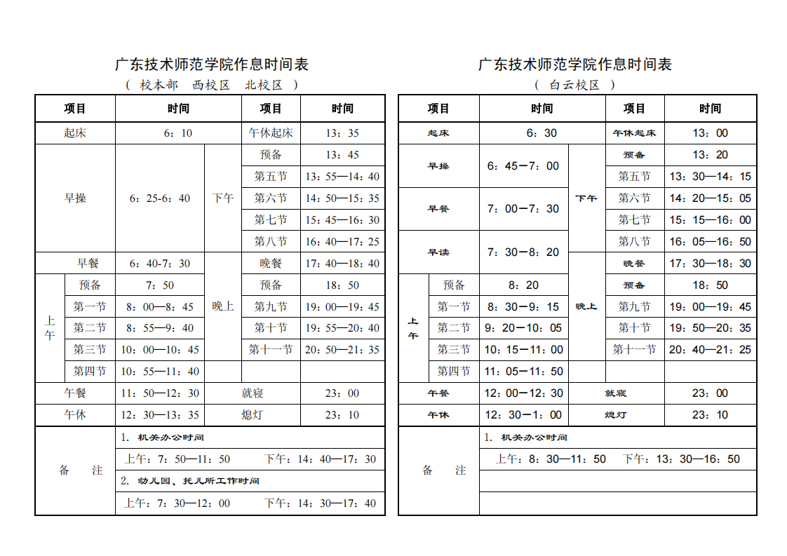 广东技术师范学院作息时间表第1页