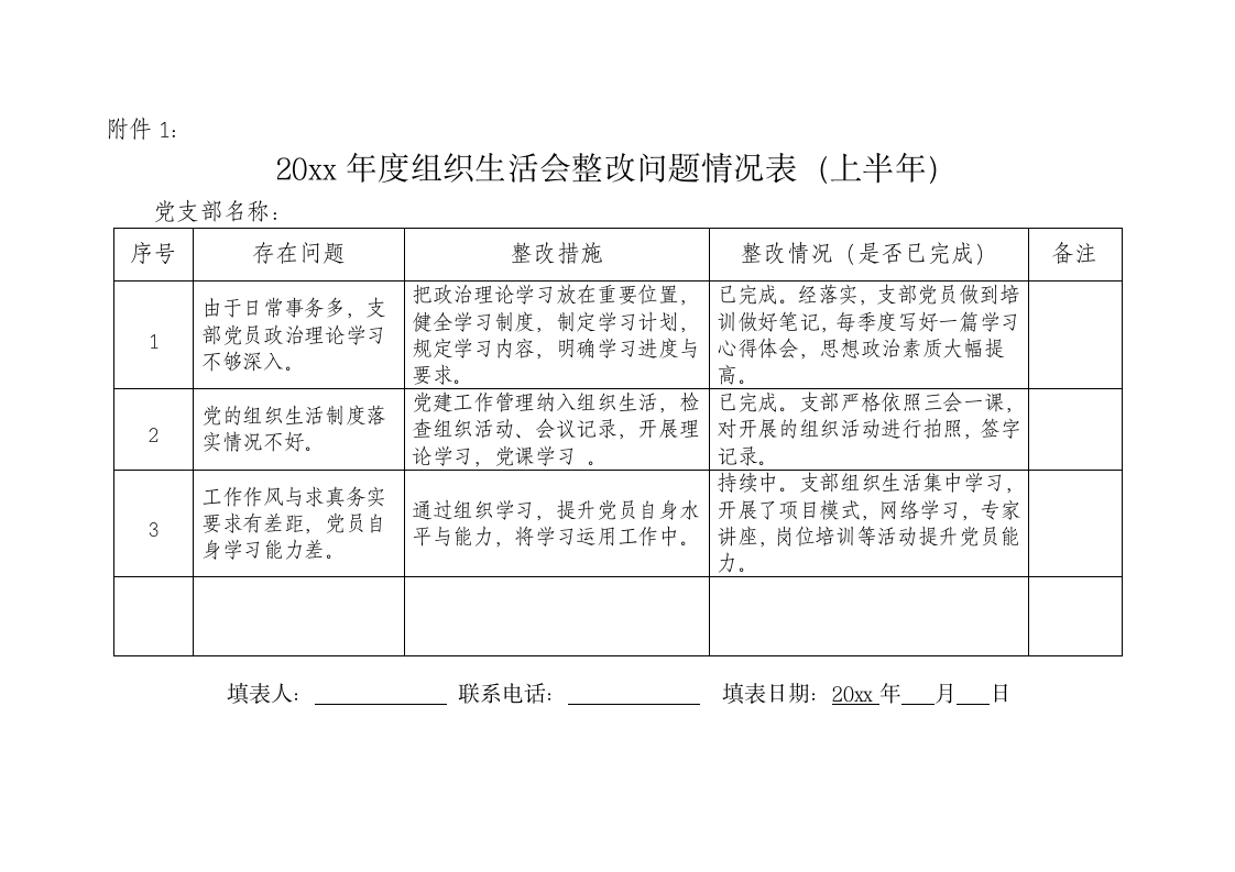 党支部组织生活会整改清单状况表.docx