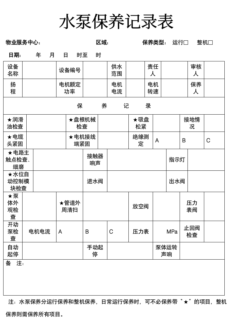 水泵房保养记录表.doc