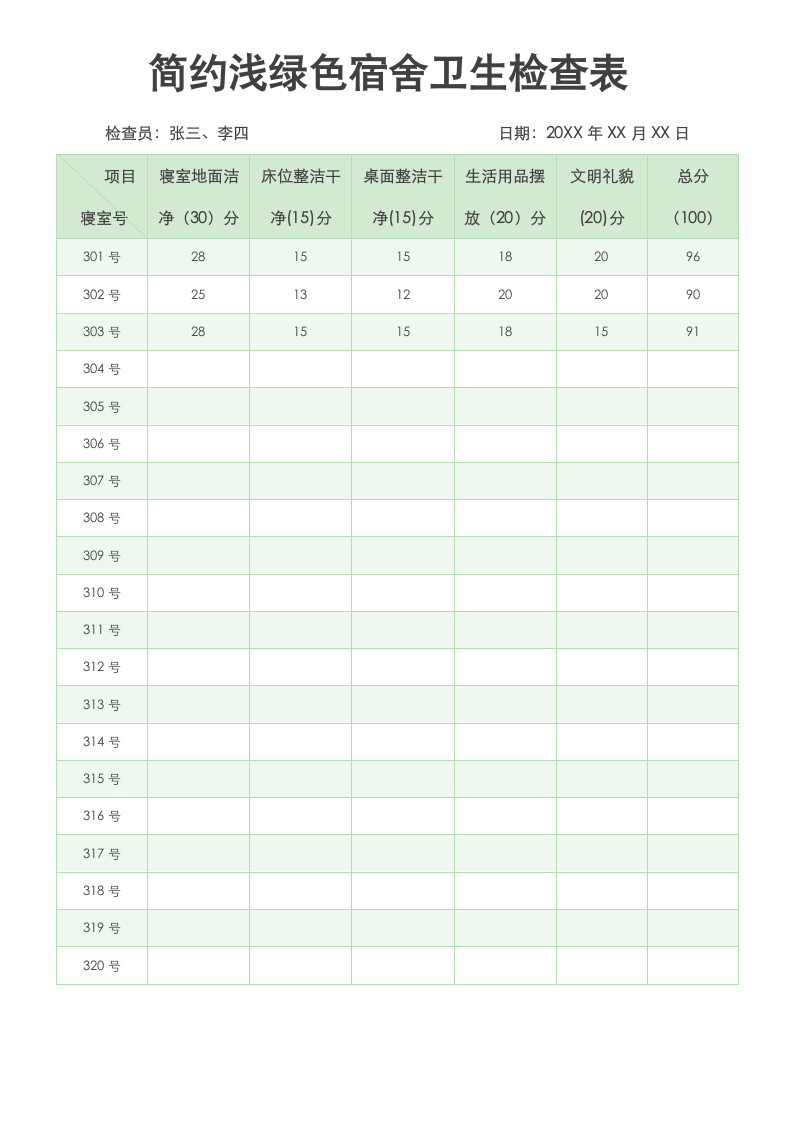 简约浅绿色宿舍卫生检查表.docx第1页