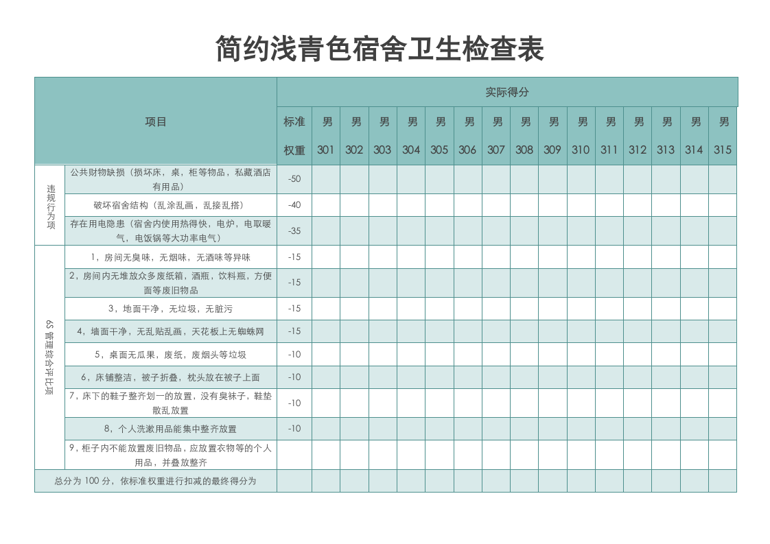 简约浅青色宿舍卫生检查表.docx第1页