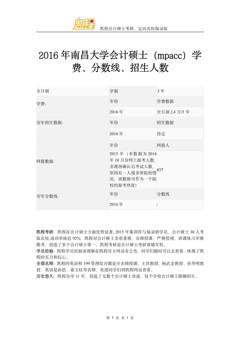 2016年南昌大学会计硕士(mpacc)学费、分数线、招生人数第1页