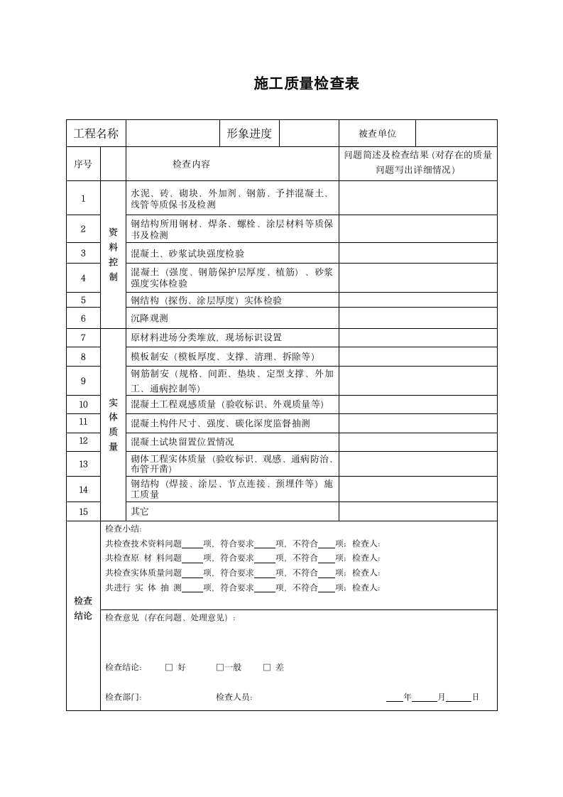 施工质量检查表工程表格.docx