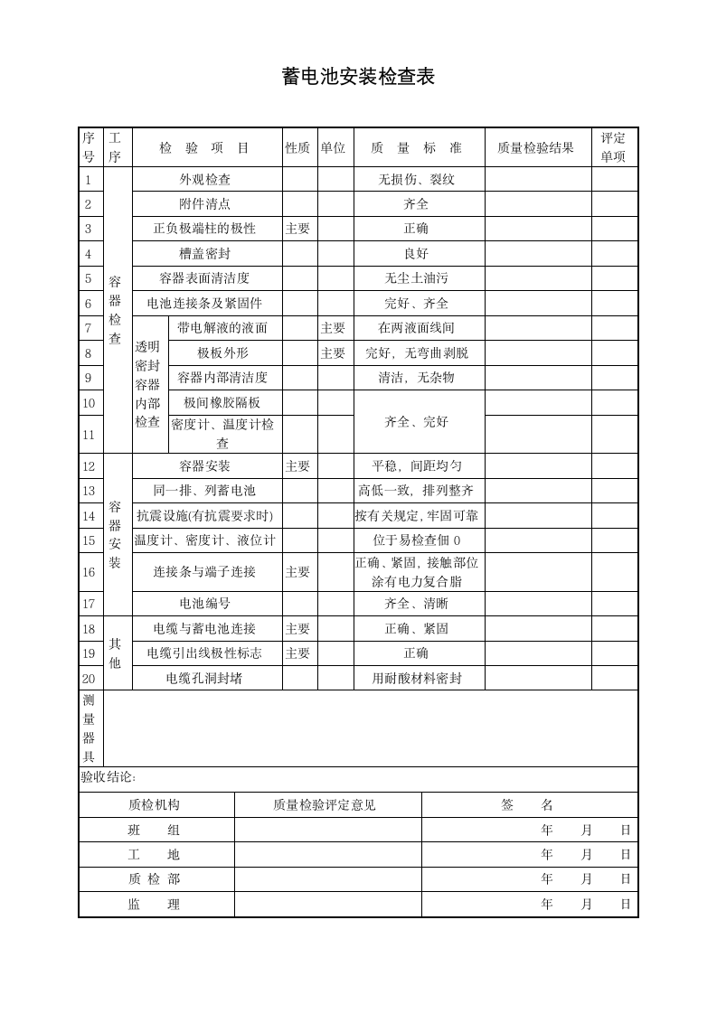 蓄电池安装检查表-电气表格.docx第1页