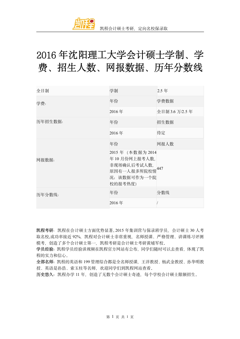 2016年沈阳理工大学会计硕士学制、学费、招生人数、网报数据、历年分数线第1页