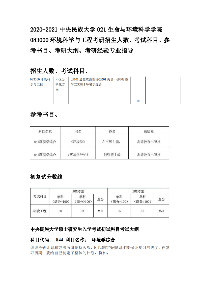 2020-2021中央民族大学环境科学与工程考研招生人数、考试科目、参考书目、考研大纲、考研经验专业指导第1页