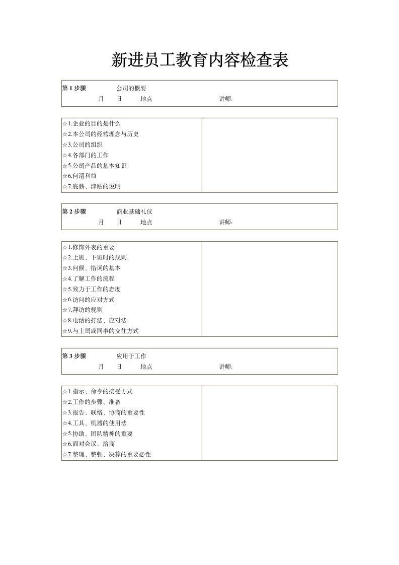 人资必备-新进员工教育内容检查表通用模板.doc第2页