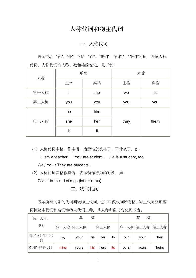 初一英语人称代词和物主代词练习.doc