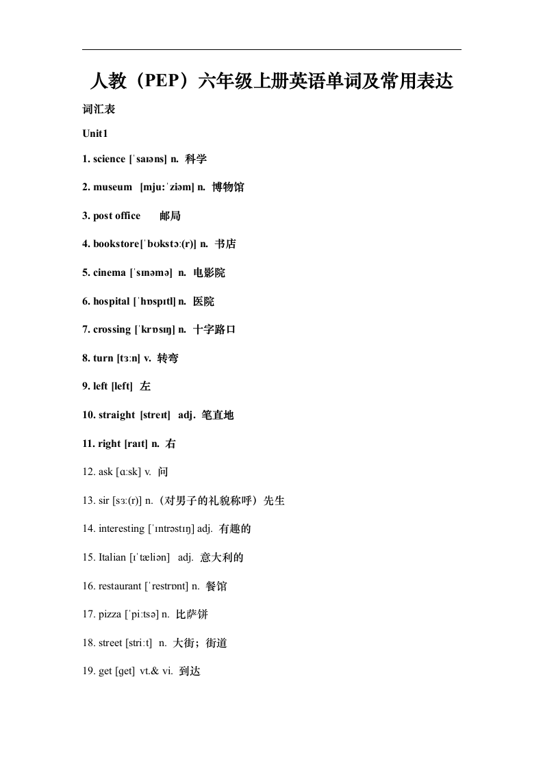 人教（PEP）六年级上册英语 单词及常用表达.doc第1页