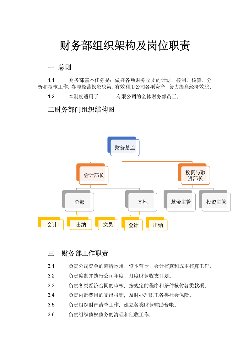 财务部组织架构及岗位职责模板.docx