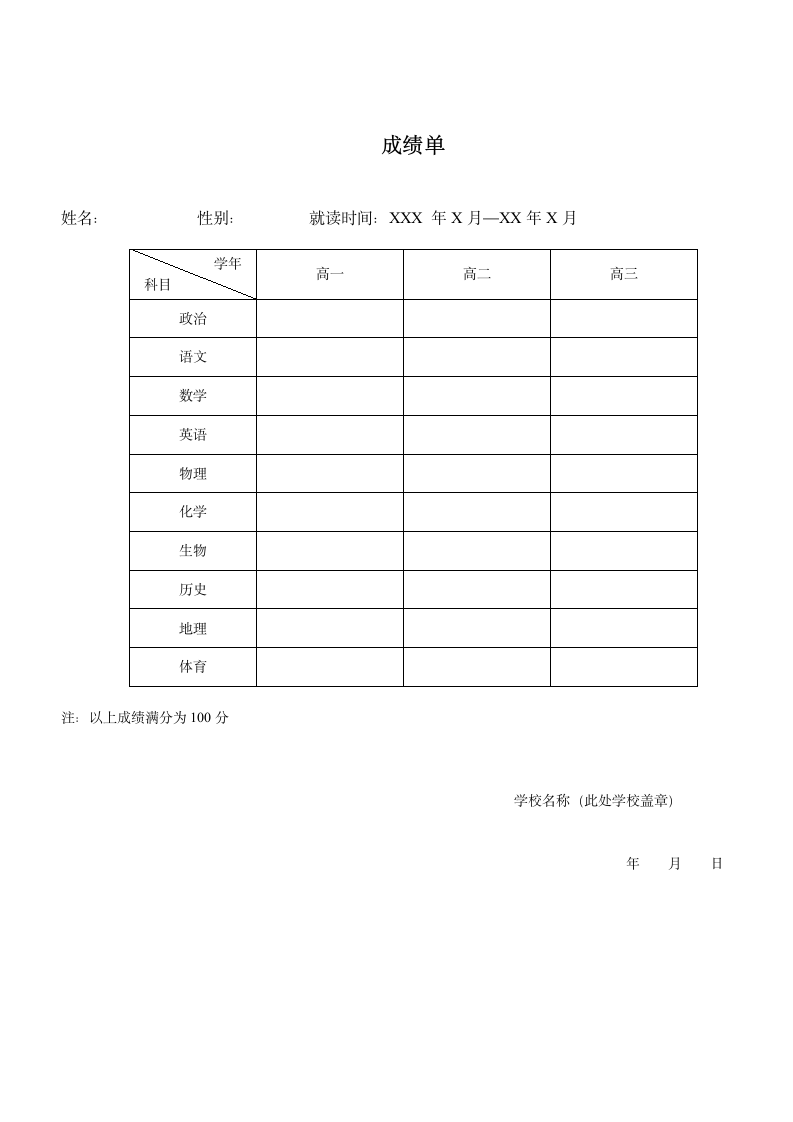 高中会考成绩证明第1页