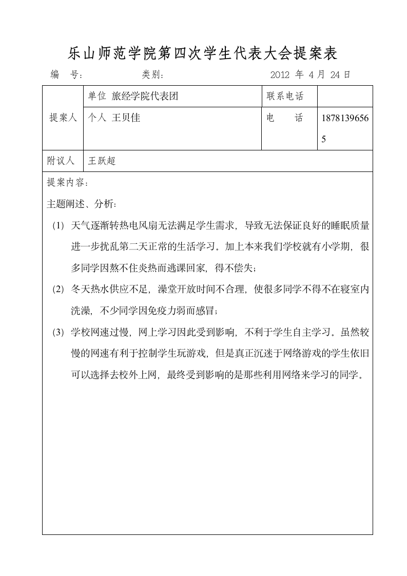 乐山师范学院第四次学生代表大会提案表第1页