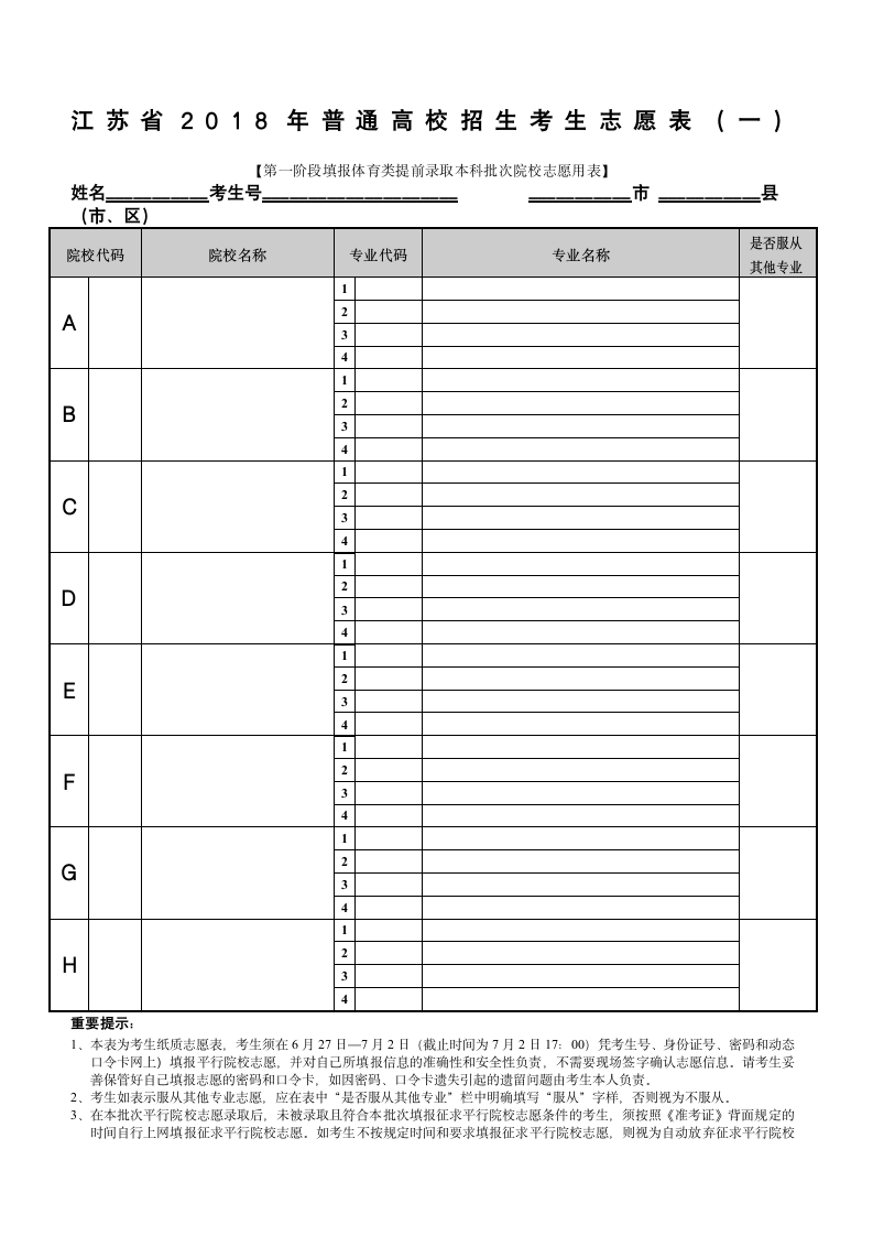 江苏高考志愿填报草表第1页