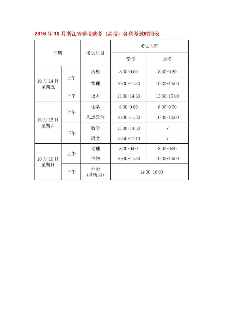 2016年10月浙江省学考选考(高考)各科考试时间表第1页