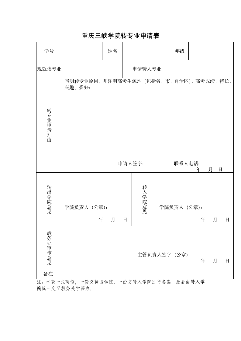 重庆三峡学院转专业申请表第1页