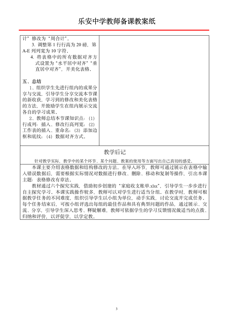 鲁教版 八年级下册 信息技术 1.2 表格修改有章法 教案（表格式）.doc第3页