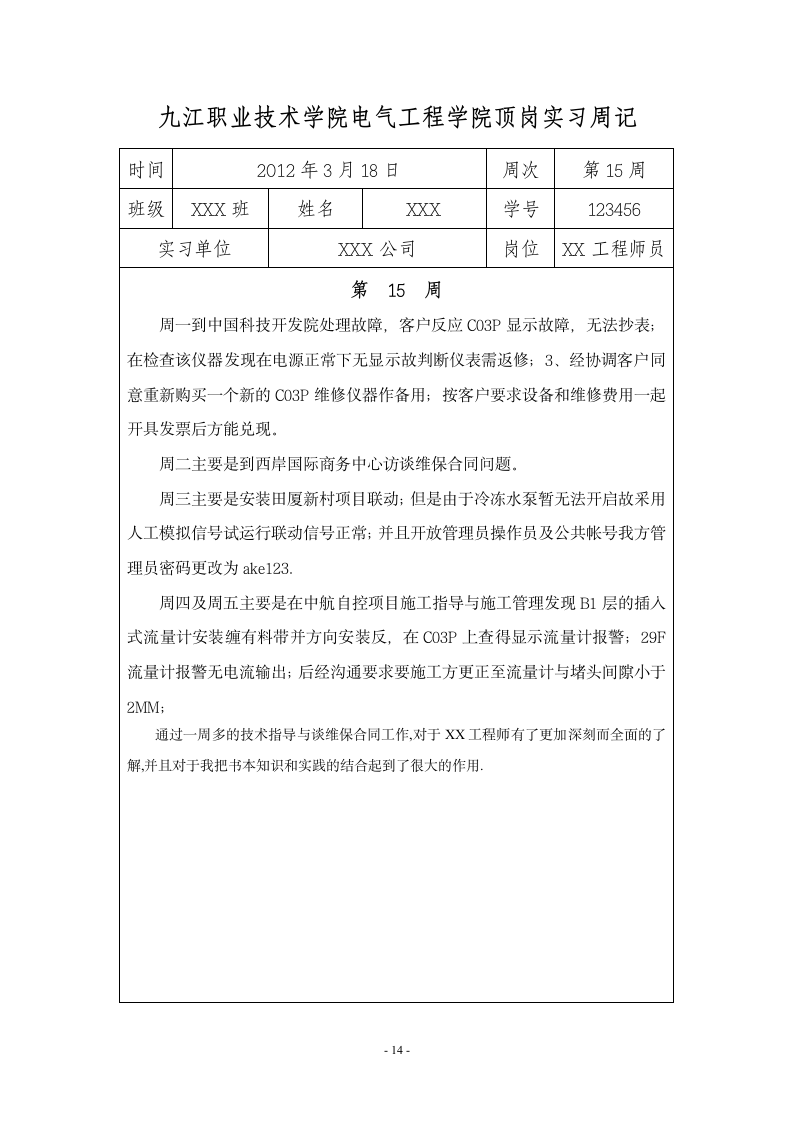 九江职业技术学院 顶岗实习周记20篇第15页