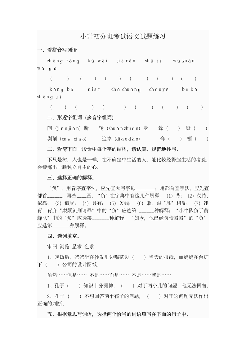 小升初分班考试语文试题练习.docx