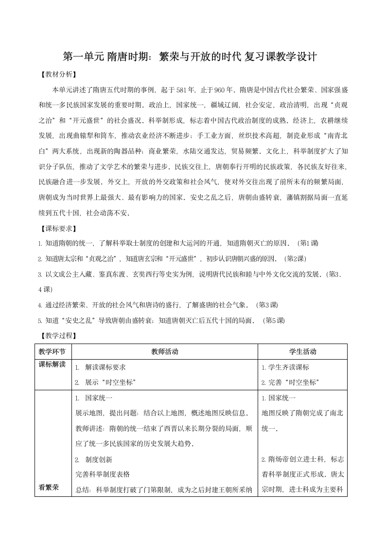 第一单元 隋唐时期：繁荣与开放的时代   单元复习课教学设计.doc