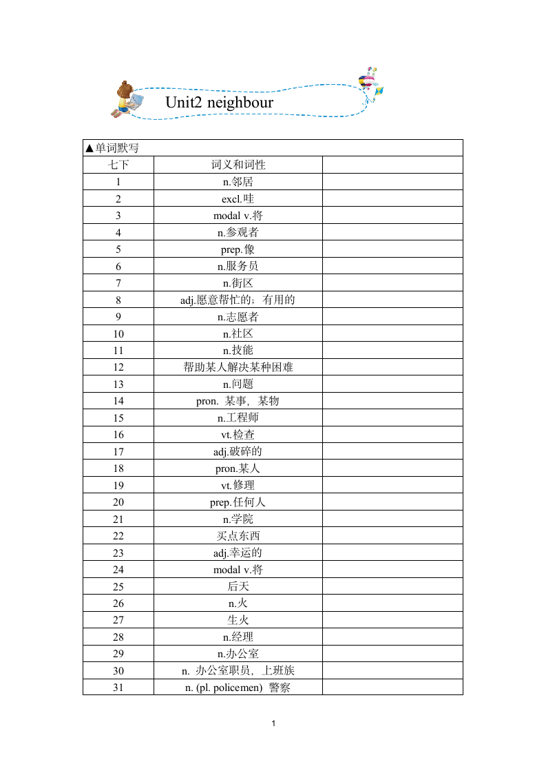 Unit 2 Neighbours 单元单词与词组默写清单.doc第1页