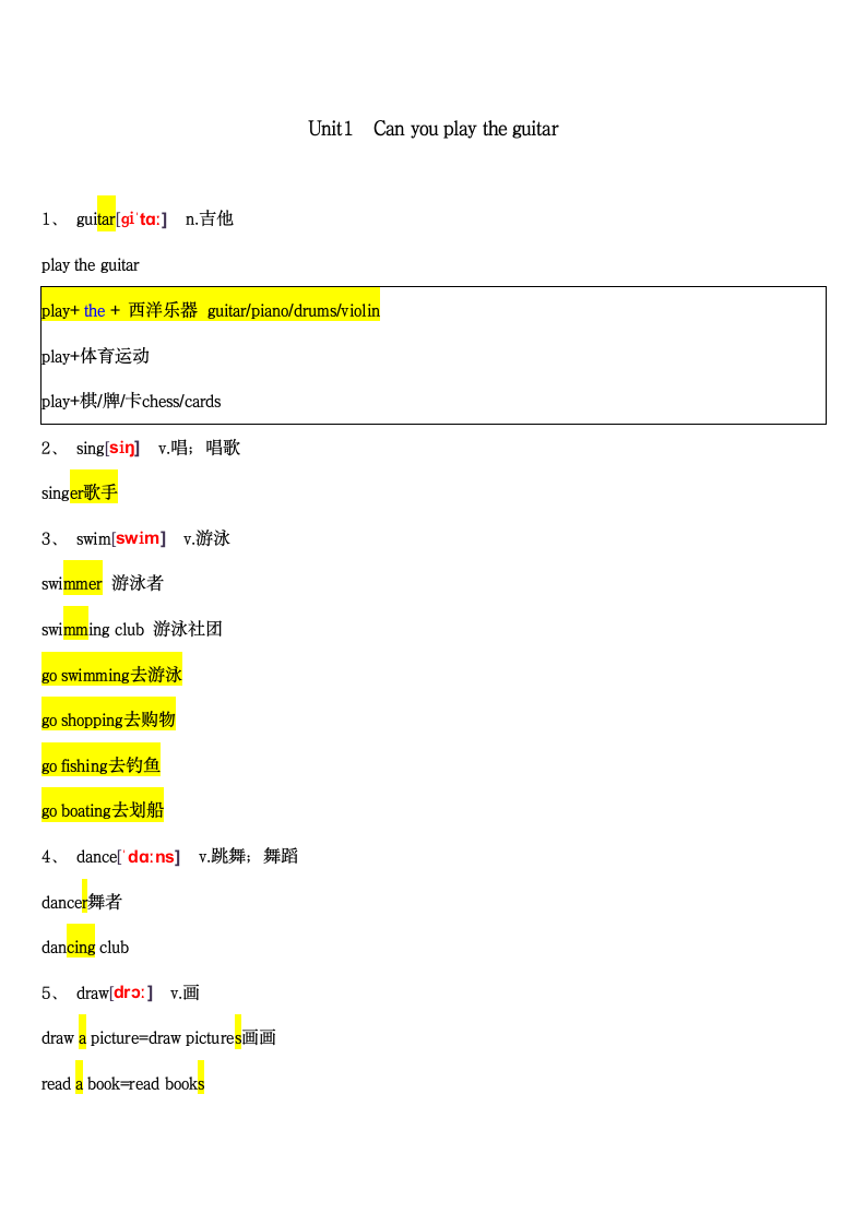 Unit 1 Can you play the guitar？单词笔记.doc第1页