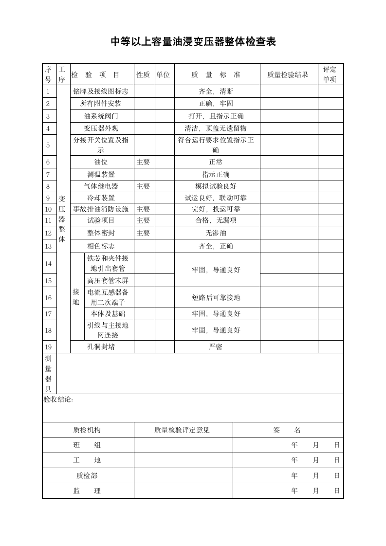 中等以上容量油浸变压器整体检查表-电气工程.docx