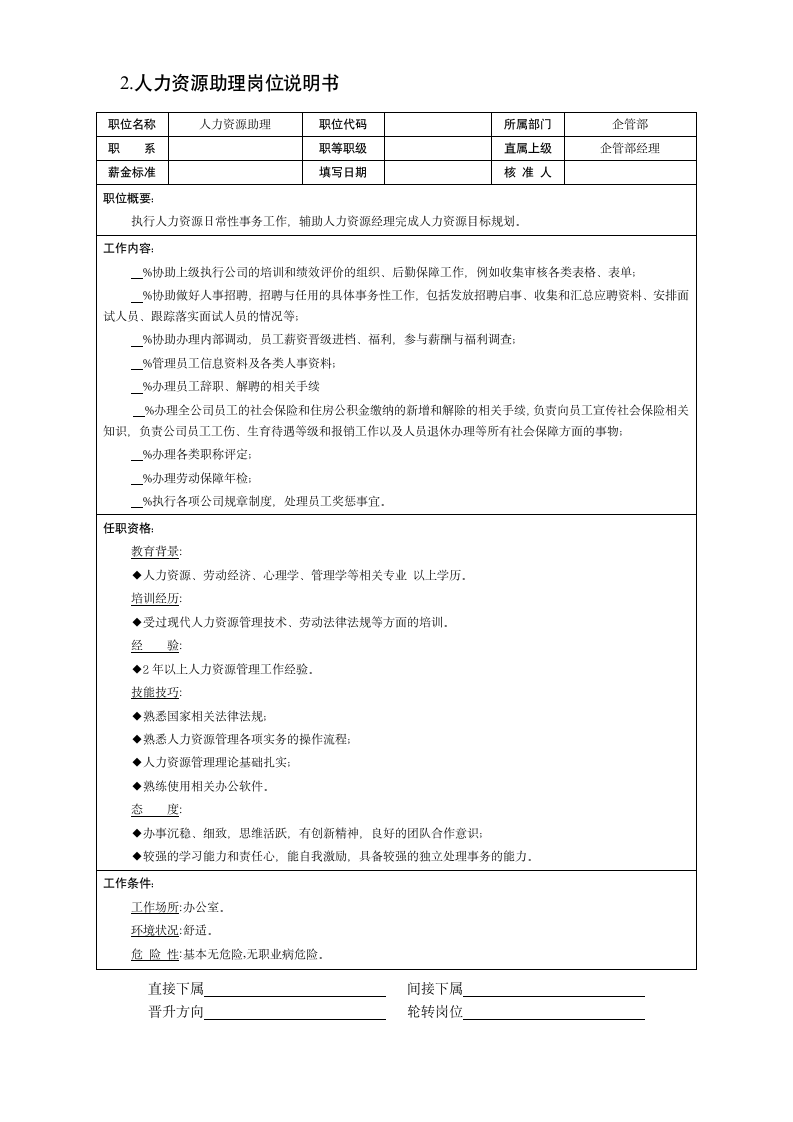 人力资源助理岗位说明书第1页