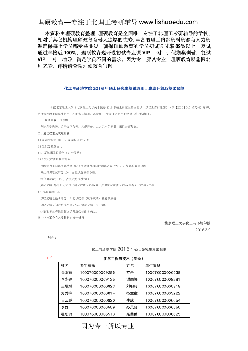 北京理工大学化学与环境学院复试分数线及复试名单第1页