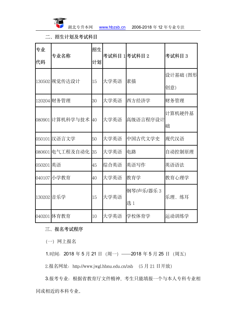 湖北师范大学2018年普通专升本招生简章：招生计划及报名第2页