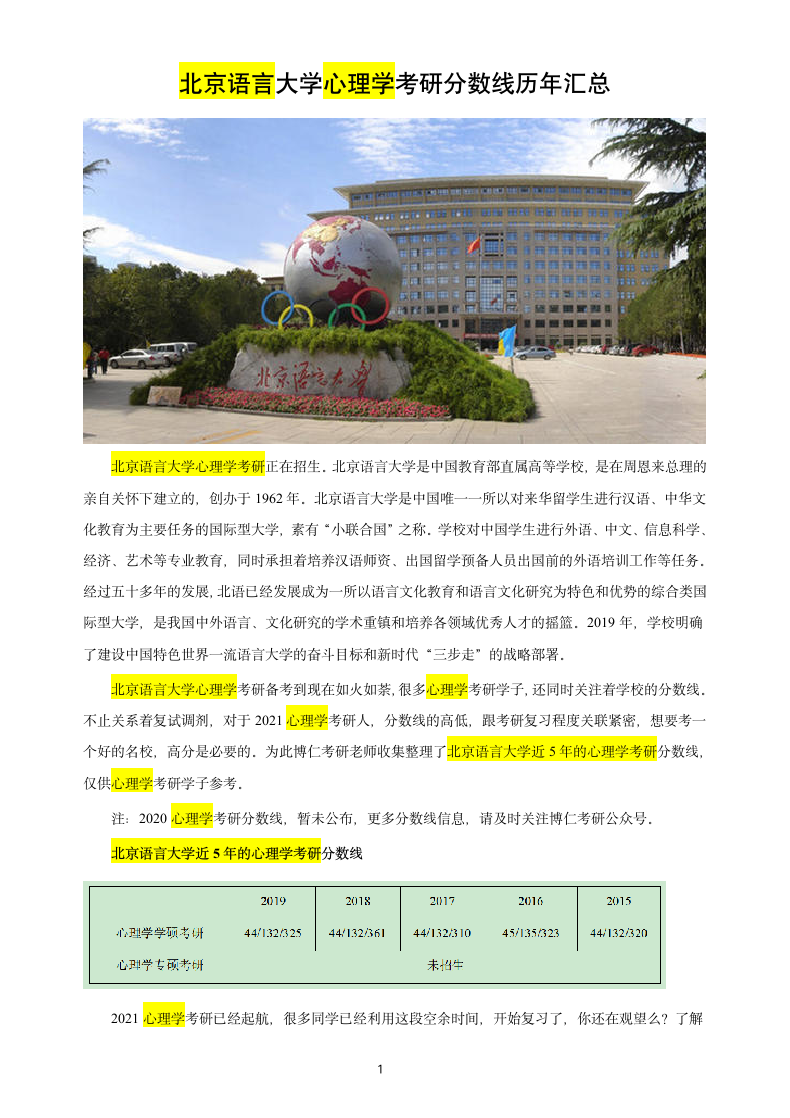 北京语言大学心理学考研分数线第1页