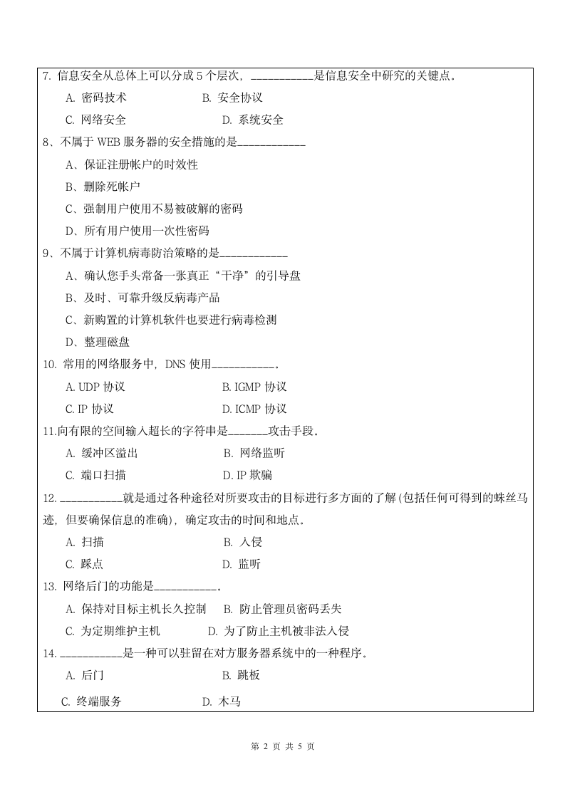 厦门理工学院网络安全期末试卷第2页