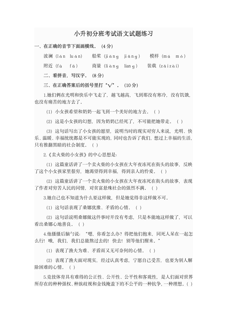 小升初分班考试语文试题练习.docx