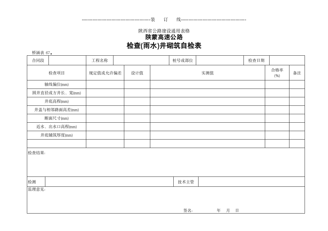 某地区桥涵表67 检查雨水井砌筑检查表详细文档.doc