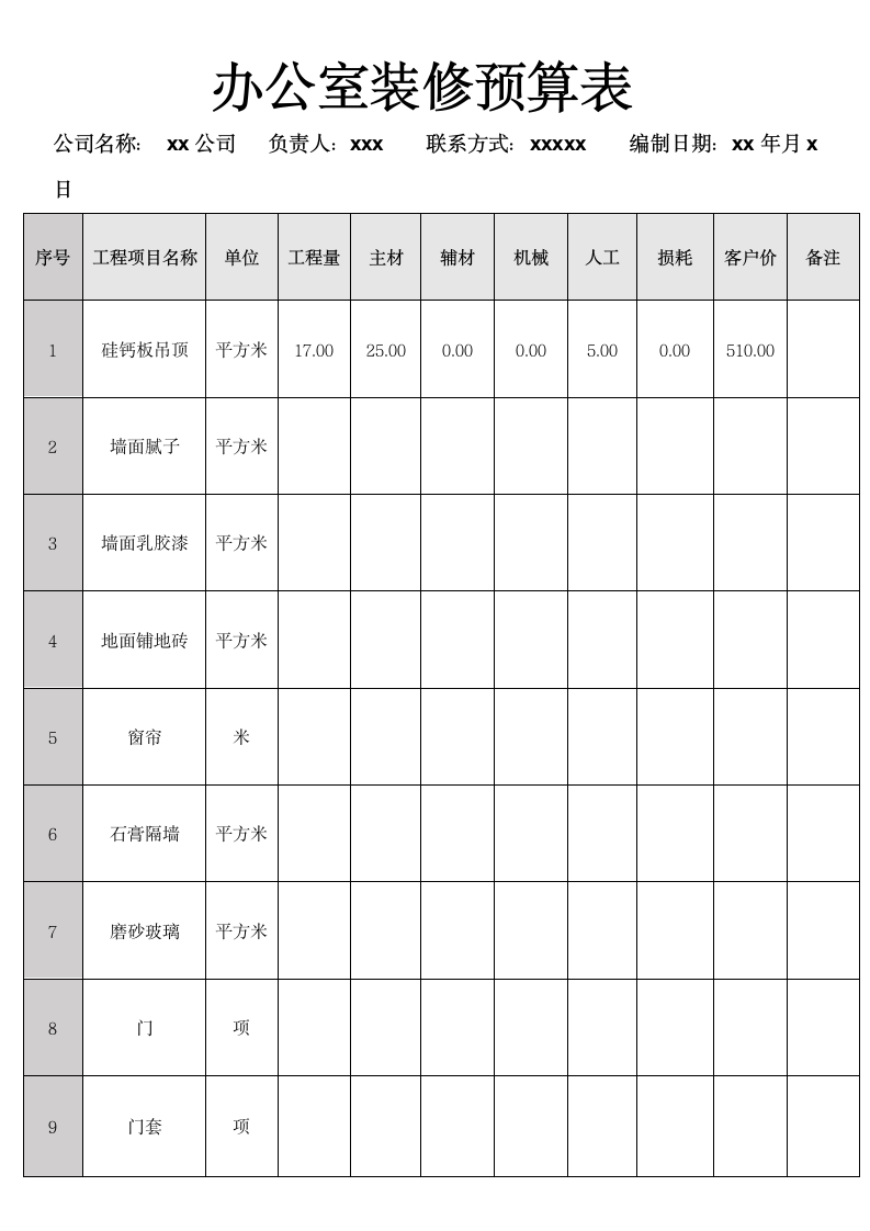 办公室装修预算表报价表.docx第1页