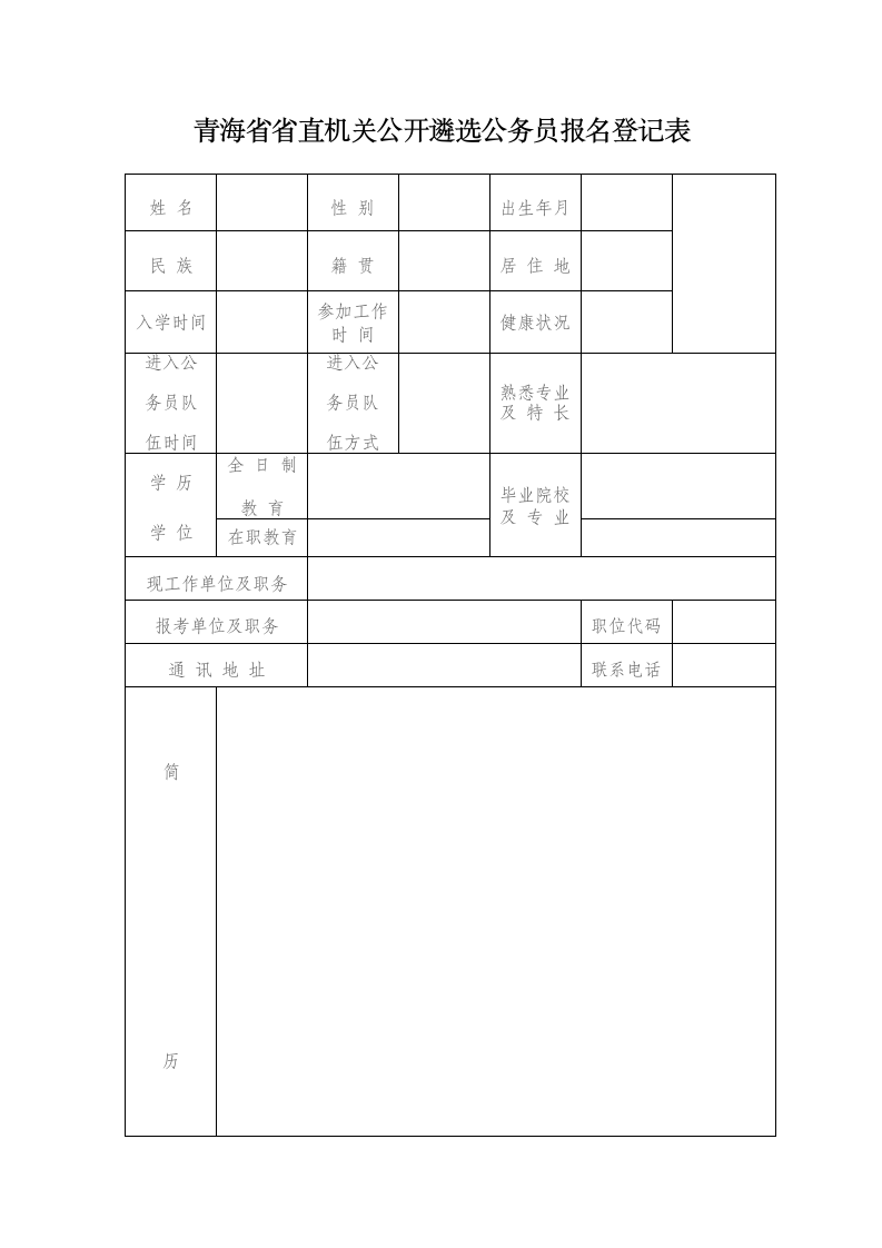 青海省省直机关公开遴选公务员报名登记表第1页