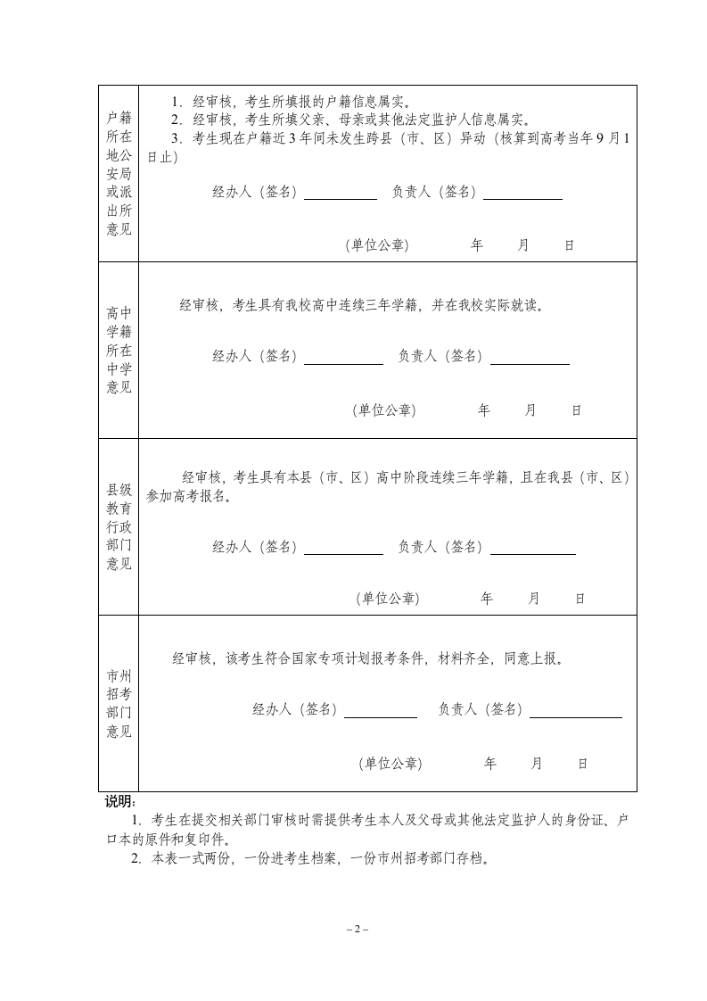 湖南省2021年国家专项计划招生报名资格审核表第2页