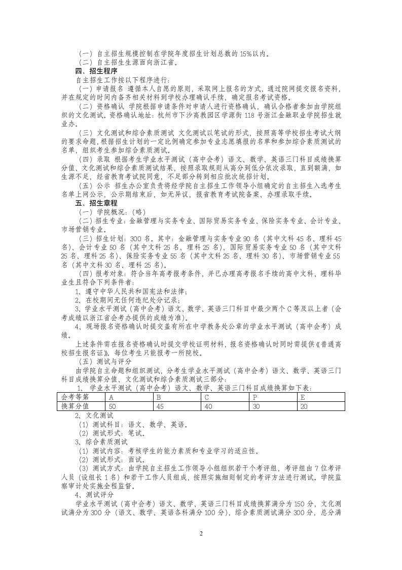 浙江金融职业学院2012年自主招生方案第2页