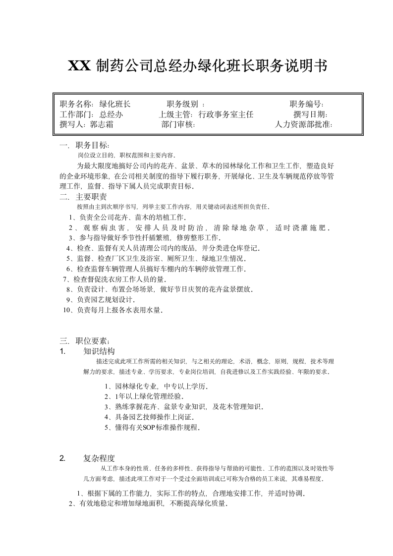 人资规划-XX制药公司总经办绿化班长职务说明书.doc