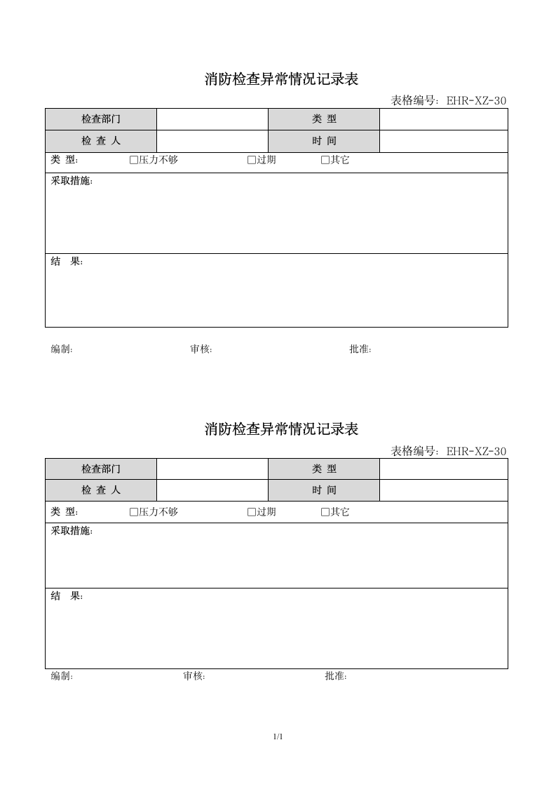 环境安全、职业健康管理-消防检查异常情况记录表.doc第1页