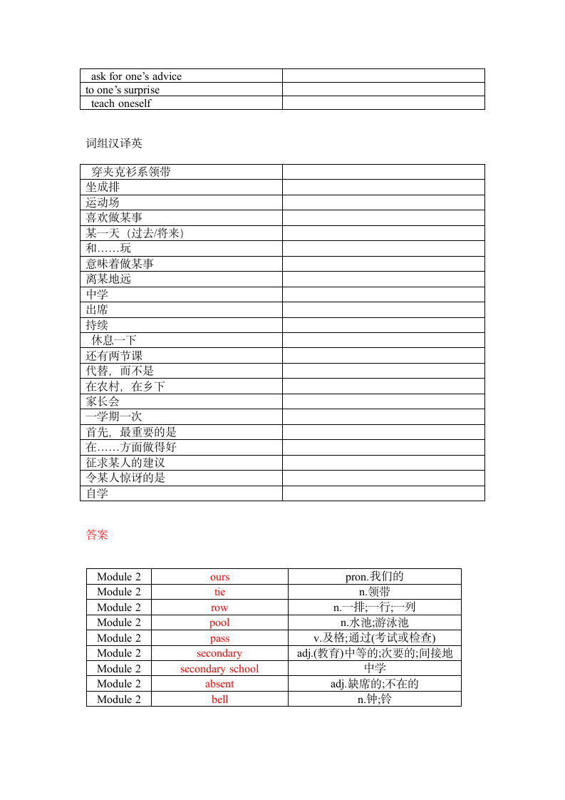 Module 2 Education单词、词组默写清单（含答案）.doc第2页