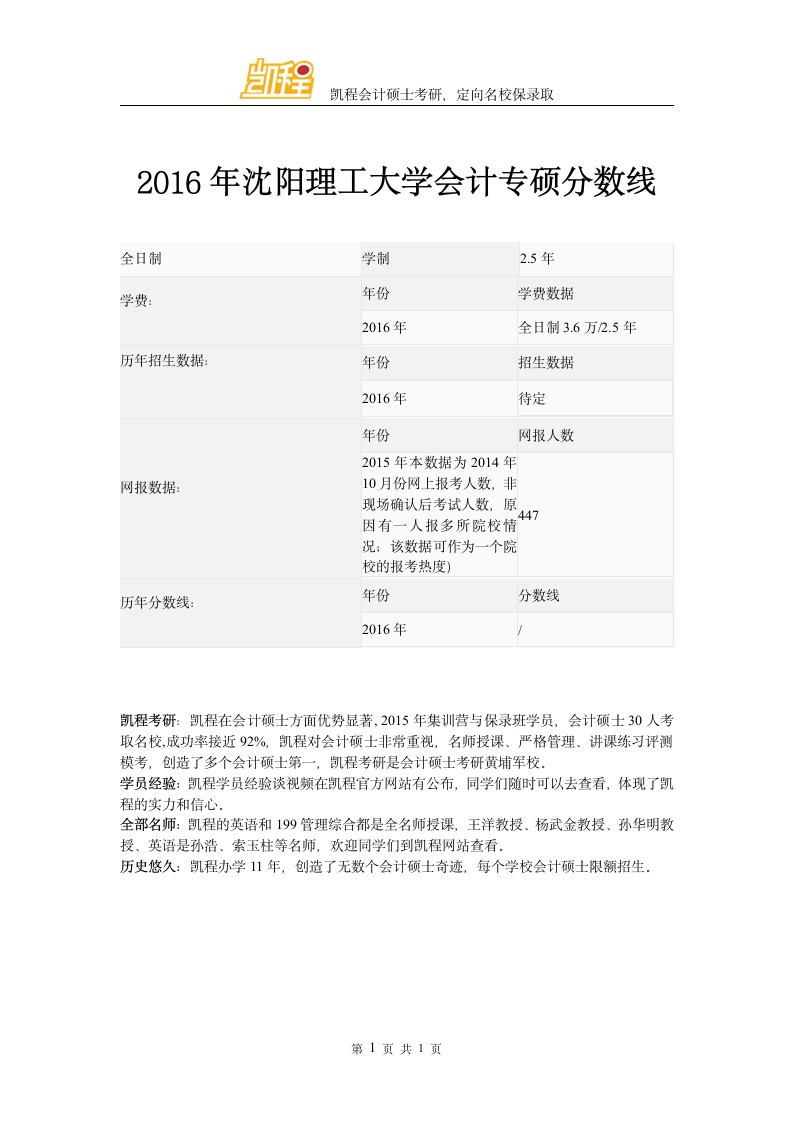 2016年沈阳理工大学会计专硕分数线第1页