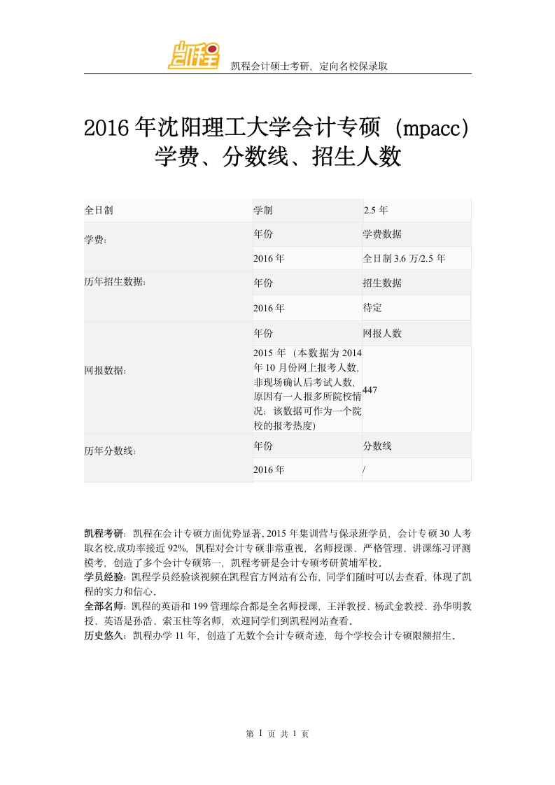 2016年沈阳理工大学会计专硕(mpacc)学费、分数线、招生人数第1页