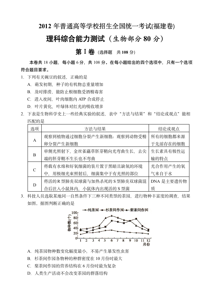 2012年高考理综生物试卷及答案(福建卷)第1页